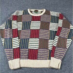 Vintage Boston Traders Sweater Mens XL Beige Plaid Linen Blend Patch Y2K Retro